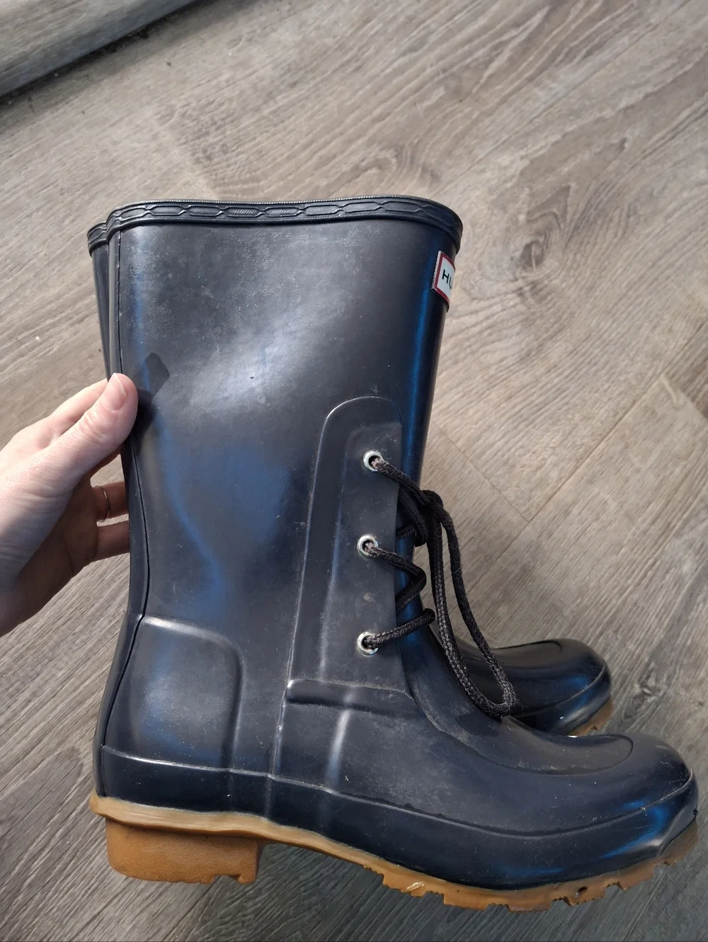Hunter Boots Ackley Women's Sz 6 Mid Calf Laced Navy WATERPROOF Rain Rubber